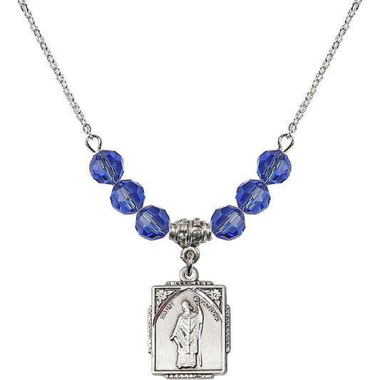 Sterling Silver Saint Patrick Birthstone Necklace with Sapphire Beads - 0804