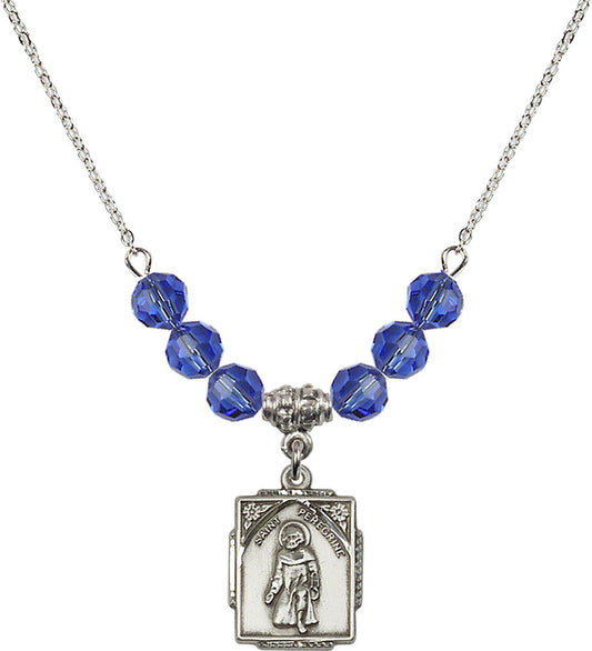 Sterling Silver Saint Peregrine Birthstone Necklace with Sapphire Beads - 0804