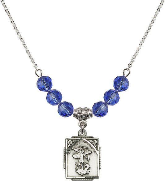 Sterling Silver Saint Michael the Archangel Birthstone Necklace with Sapphire Beads - 0804