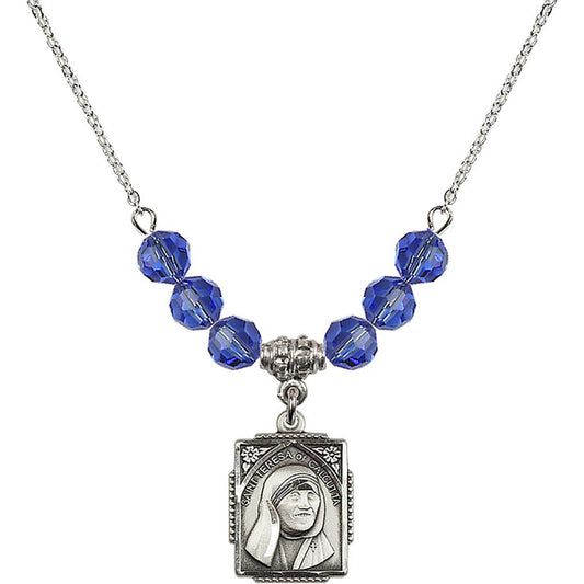 Sterling Silver Saint Teresa of Calcutta Birthstone Necklace with Sapphire Beads - 0804