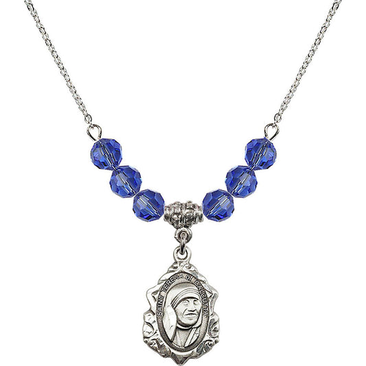 Sterling Silver Saint Teresa of Calcutta Birthstone Necklace with Sapphire Beads - 0812