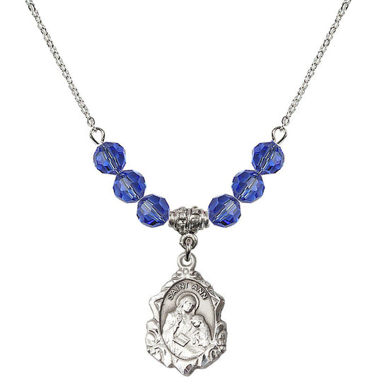 Sterling Silver Saint Ann Birthstone Necklace with Sapphire Beads - 0822