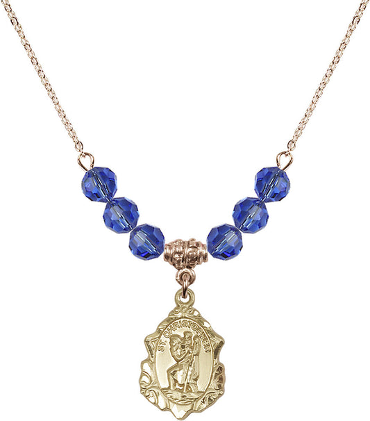 14kt Gold Filled Saint Christopher Birthstone Necklace with Sapphire Beads - 0822