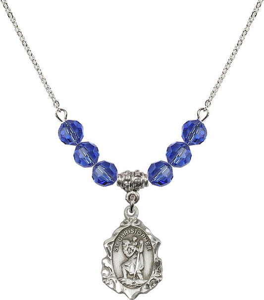 Sterling Silver Saint Christopher Birthstone Necklace with Sapphire Beads - 0822