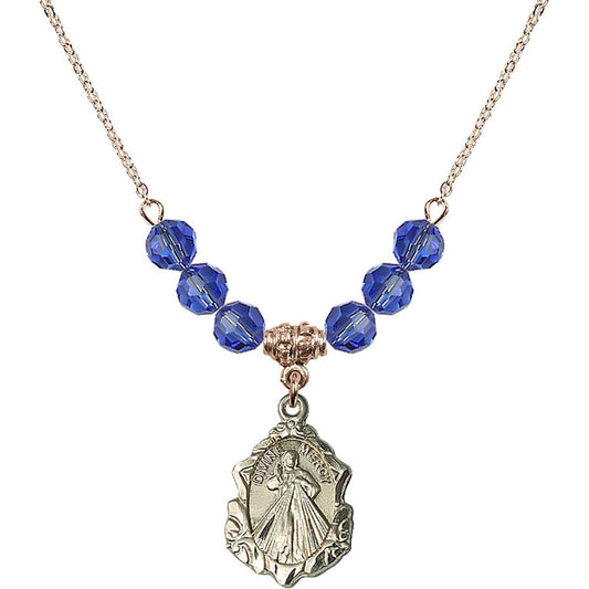 14kt Gold Filled Divine Mercy Birthstone Necklace with Sapphire Beads - 0822