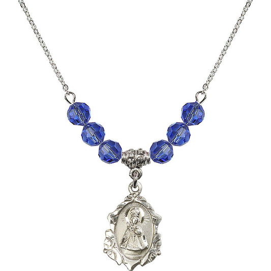 Sterling Silver Infant of Prague Birthstone Necklace with Sapphire Beads - 0822