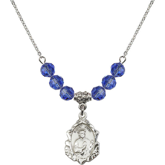 Sterling Silver Saint Jude Birthstone Necklace with Sapphire Beads - 0822
