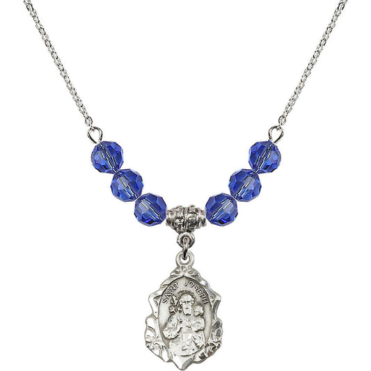 Sterling Silver Saint Joseph Birthstone Necklace with Sapphire Beads - 0822