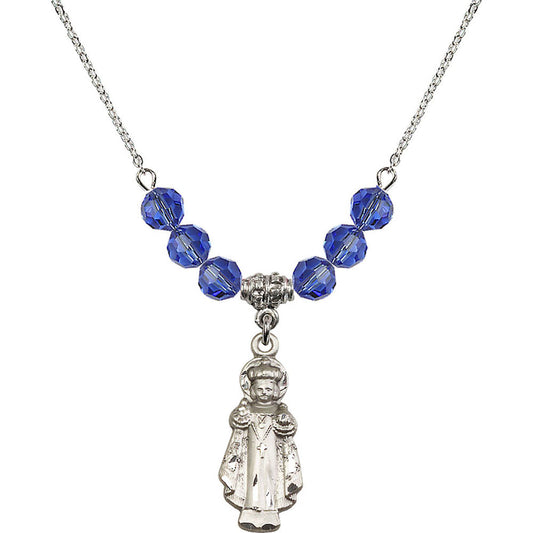 Sterling Silver Infant of Prague Birthstone Necklace with Sapphire Beads - 0824