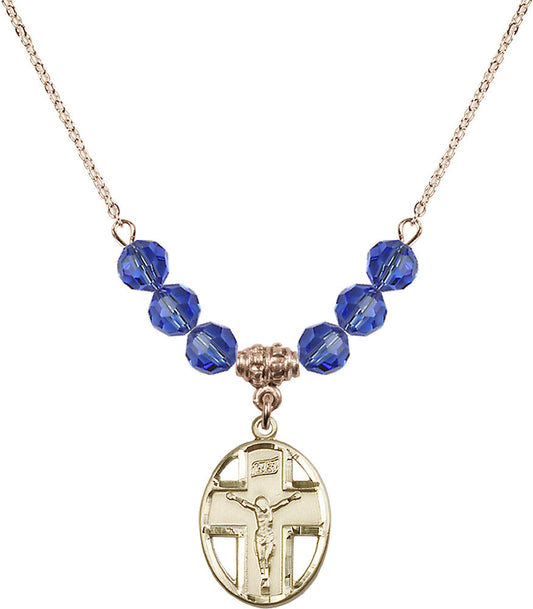 14kt Gold Filled Crucifix Birthstone Necklace with Sapphire Beads - 0878