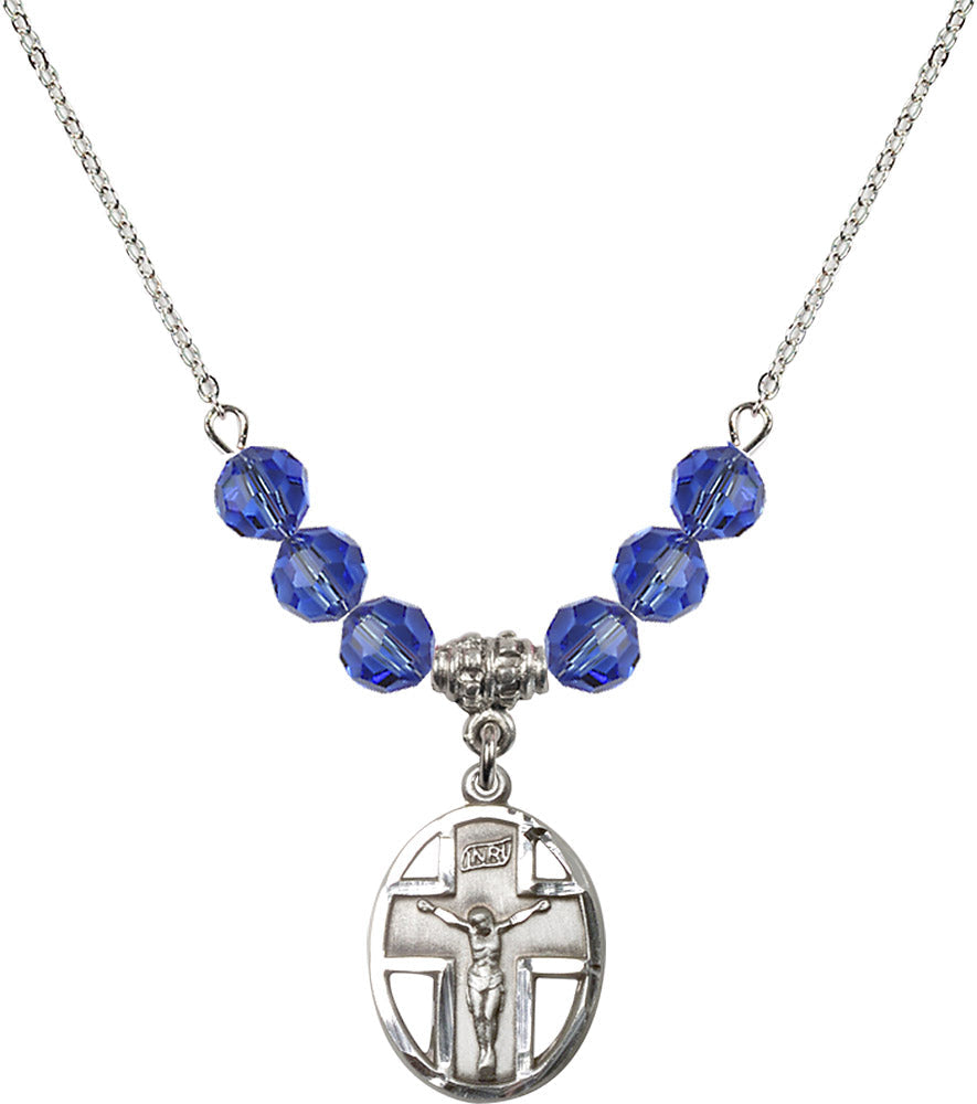 Sterling Silver Crucifix Birthstone Necklace with Sapphire Beads - 0878