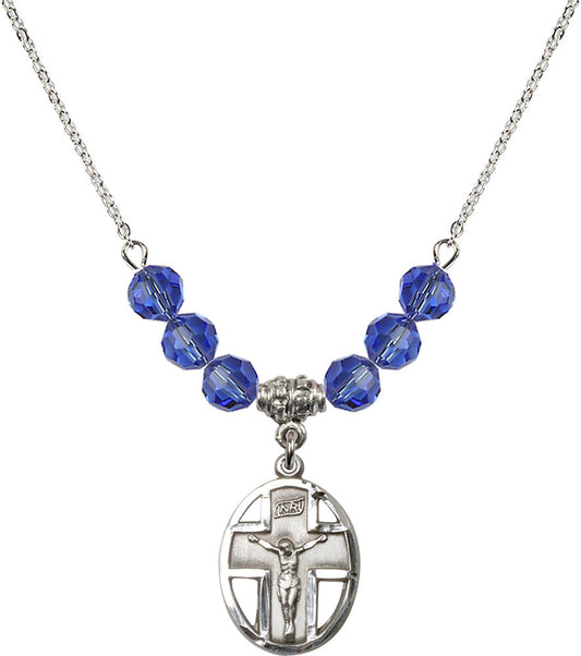 Sterling Silver Crucifix Birthstone Necklace with Sapphire Beads - 0878