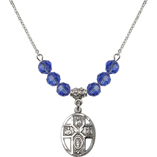 Sterling Silver 5-Way / Holy Spirit Birthstone Necklace with Sapphire Beads - 0880