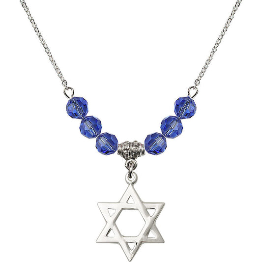 Sterling Silver Star of David Birthstone Necklace with Sapphire Beads - 1210