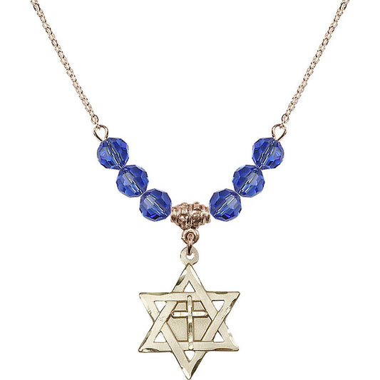14kt Gold Filled Star of David w/ Cross Birthstone Necklace with Sapphire Beads - 1210