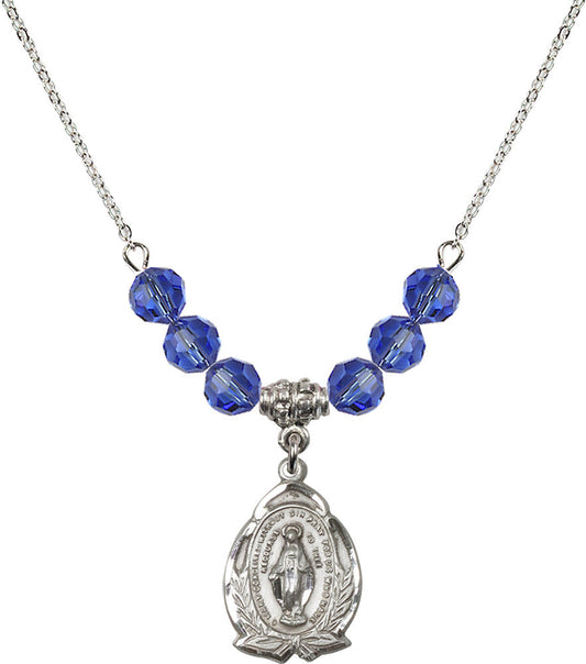 Sterling Silver Miraculous Birthstone Necklace with Sapphire Beads - 1481