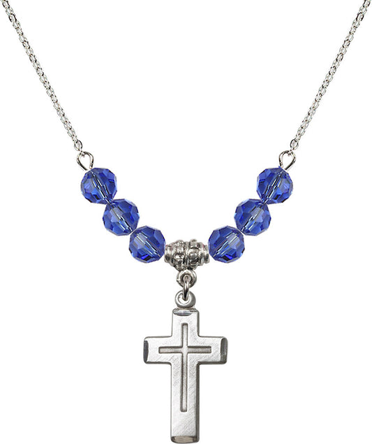 Sterling Silver Cross Birthstone Necklace with Sapphire Beads - 1529