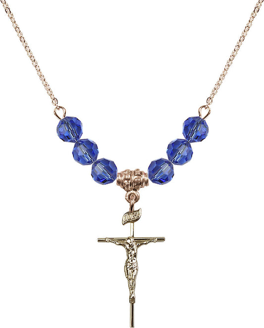 14kt Gold Filled Crucifix Birthstone Necklace with Sapphire Beads - 1535