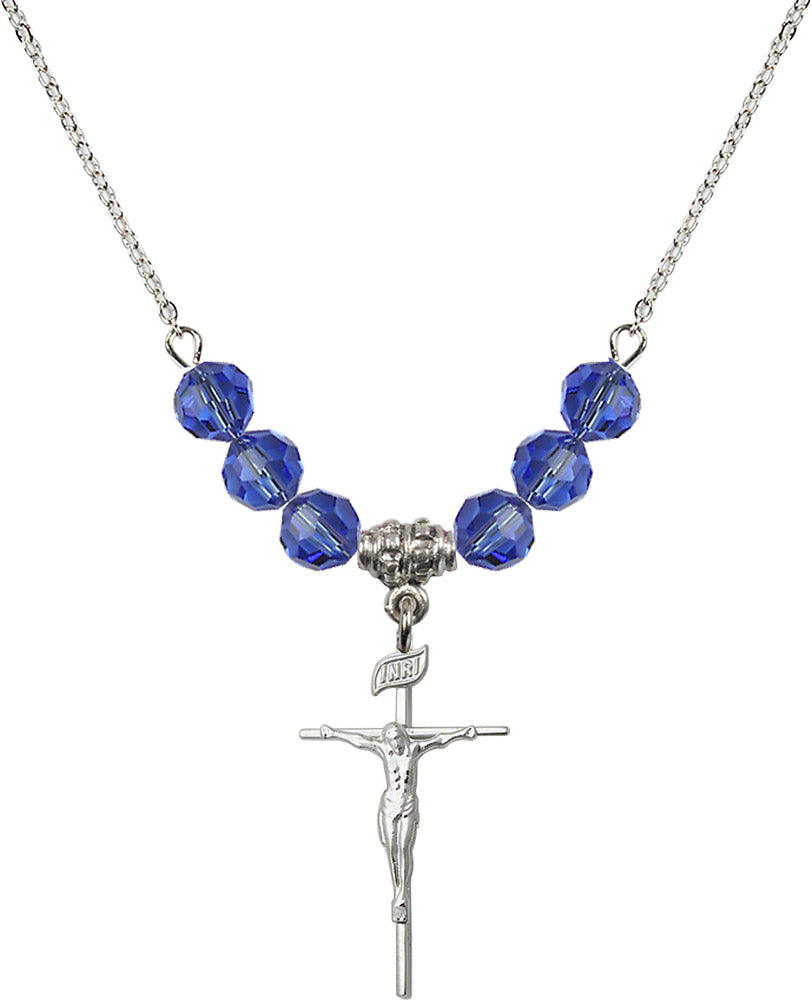 Sterling Silver Crucifix Birthstone Necklace with Sapphire Beads - 1535