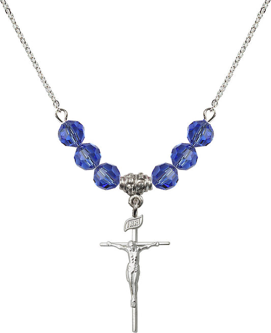 Sterling Silver Crucifix Birthstone Necklace with Sapphire Beads - 1535