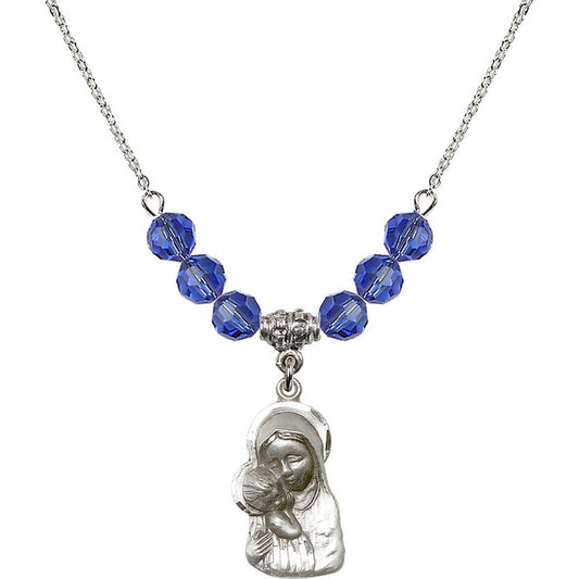 Sterling Silver Madonna & Child Birthstone Necklace with Sapphire Beads - 1612