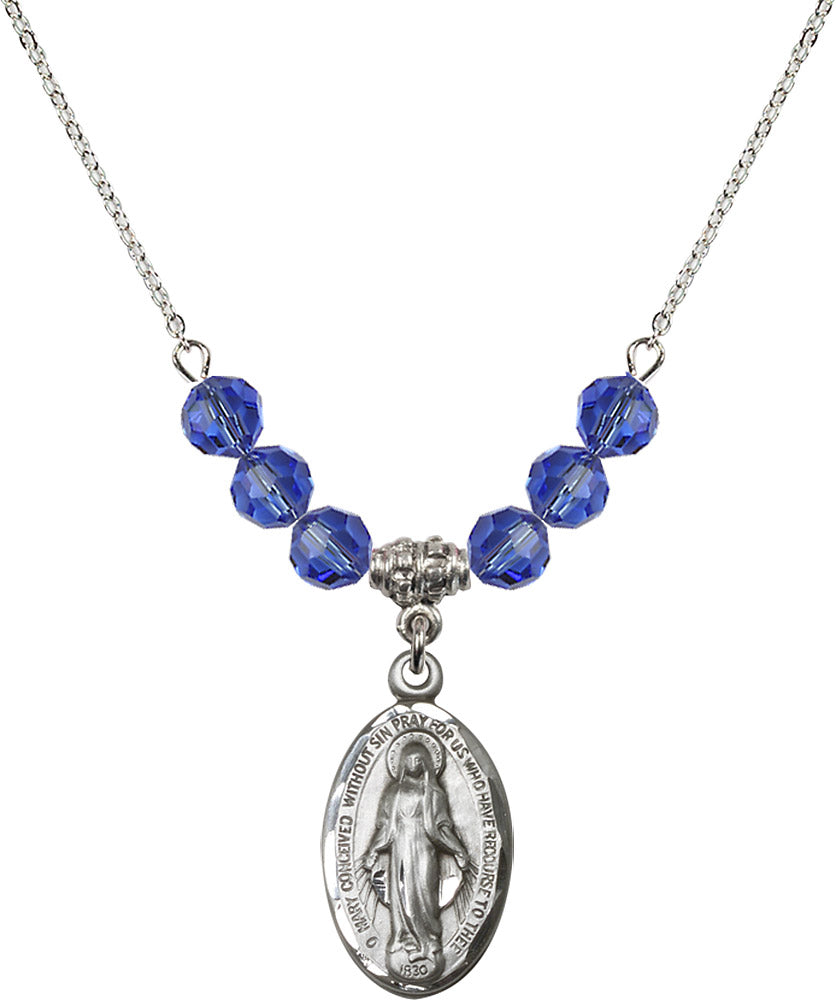 Sterling Silver Miraculous Birthstone Necklace with Sapphire Beads - 1615