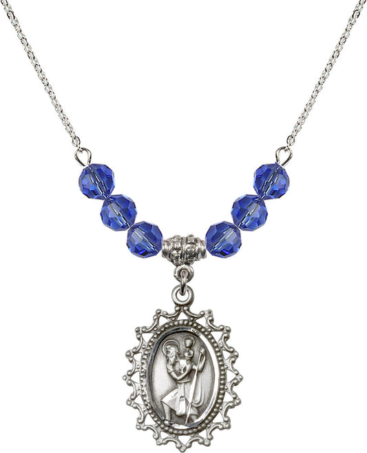Sterling Silver Saint Christopher Birthstone Necklace with Sapphire Beads - 1619