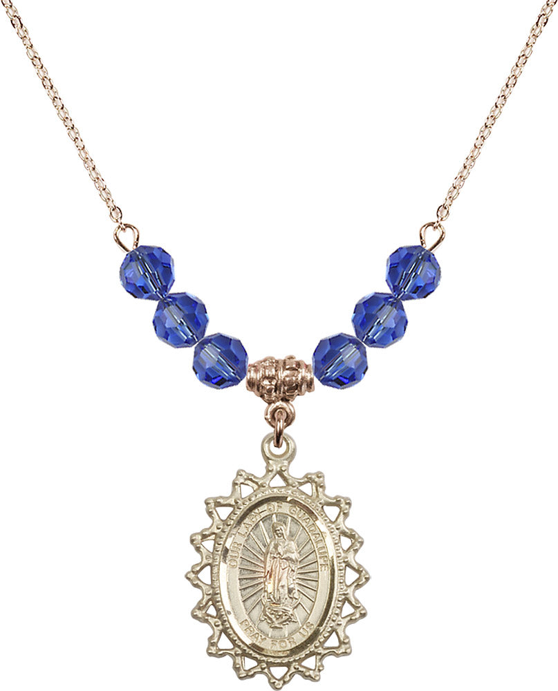 14kt Gold Filled Our Lady of Guadalupe Birthstone Necklace with Sapphire Beads - 1619