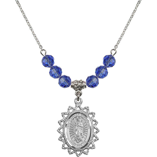 Sterling Silver Our Lady of Guadalupe Birthstone Necklace with Sapphire Beads - 1619
