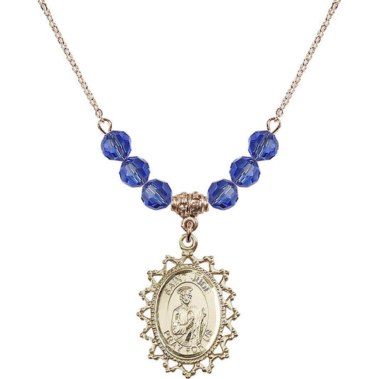 14kt Gold Filled Saint Jude Birthstone Necklace with Sapphire Beads - 1619