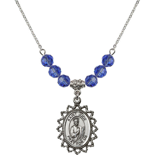Sterling Silver Saint Jude Birthstone Necklace with Sapphire Beads - 1619