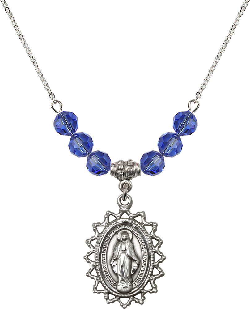 Sterling Silver Miraculous Birthstone Necklace with Sapphire Beads - 1619