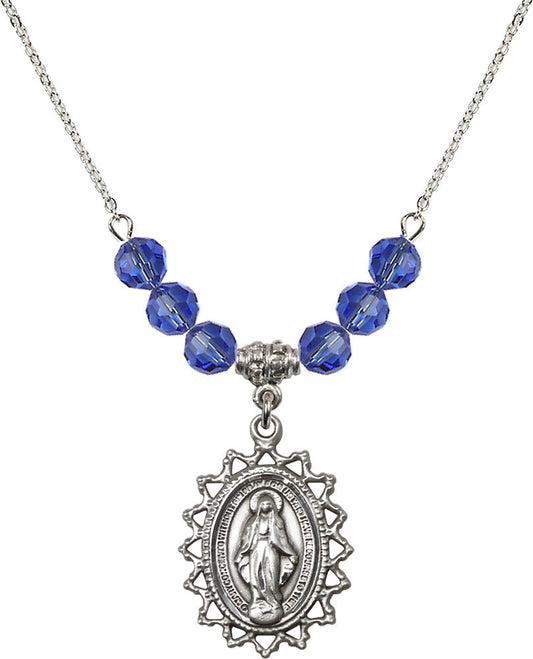 Sterling Silver Miraculous Birthstone Necklace with Sapphire Beads - 1619