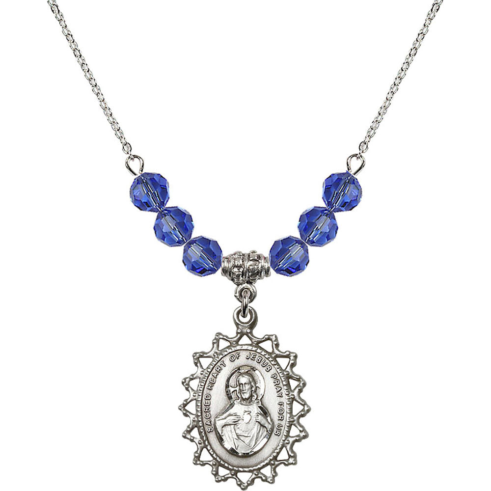 Sterling Silver Scapular Birthstone Necklace with Sapphire Beads - 1619
