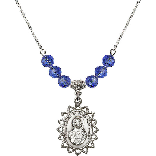 Sterling Silver Scapular Birthstone Necklace with Sapphire Beads - 1619