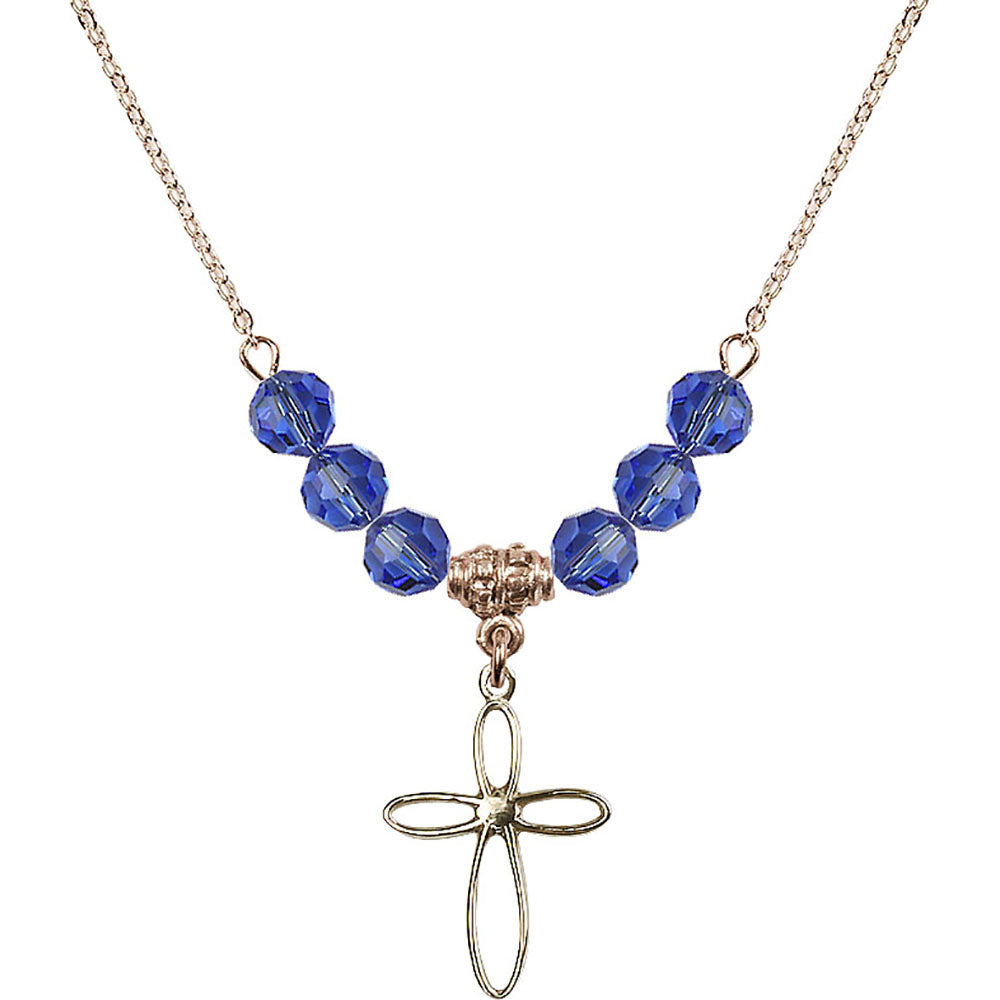 14kt Gold Filled Loop Cross Birthstone Necklace with Sapphire Beads - 1707
