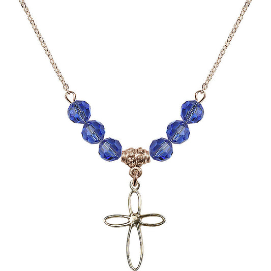 14kt Gold Filled Loop Cross Birthstone Necklace with Sapphire Beads - 1707