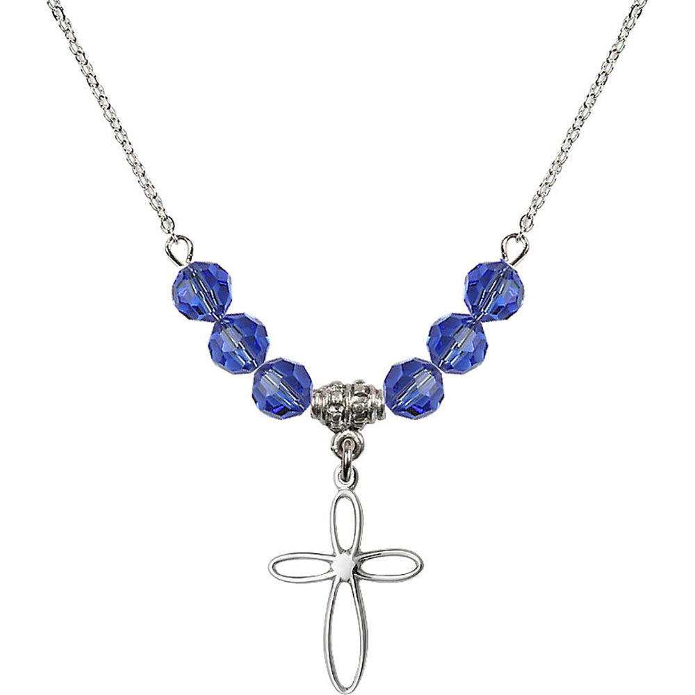 Sterling Silver Loop Cross Birthstone Necklace with Sapphire Beads - 1707