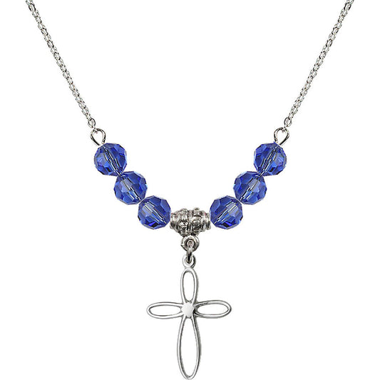 Sterling Silver Loop Cross Birthstone Necklace with Sapphire Beads - 1707