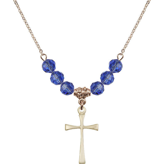 14kt Gold Filled Maltese Cross Birthstone Necklace with Sapphire Beads - 1870