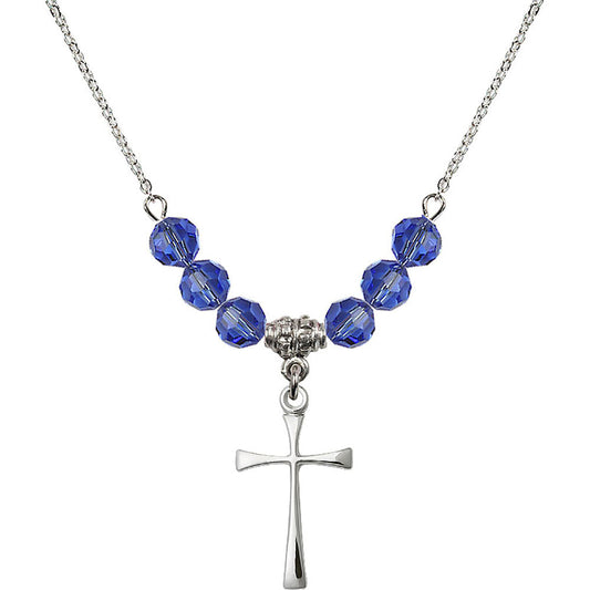 Sterling Silver Maltese Cross Birthstone Necklace with Sapphire Beads - 1870