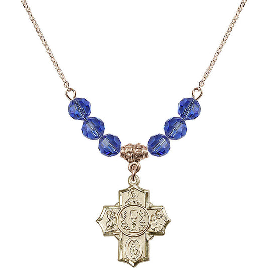 14kt Gold Filled Communion/5-Way Birthstone Necklace with Sapphire Beads - 2004