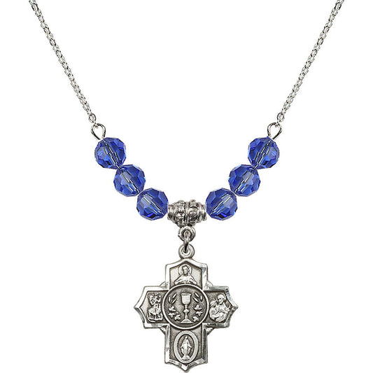 Sterling Silver Communion/5-Way Birthstone Necklace with Sapphire Beads - 2004