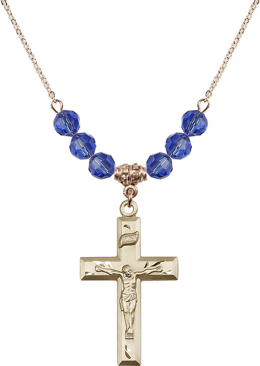 14kt Gold Filled Crucifix Birthstone Necklace with Sapphire Beads - 2186