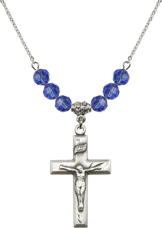 Sterling Silver Crucifix Birthstone Necklace with Sapphire Beads - 2186