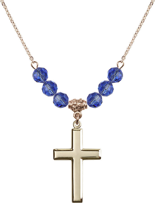 14kt Gold Filled Cross Birthstone Necklace with Sapphire Beads - 2190