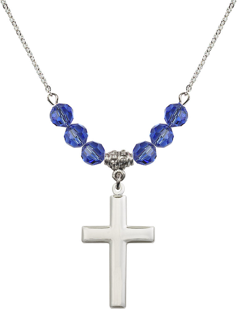 Sterling Silver Cross Birthstone Necklace with Sapphire Beads - 2190
