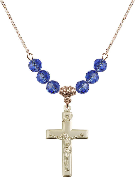 14kt Gold Filled Crucifix Birthstone Necklace with Sapphire Beads - 2191