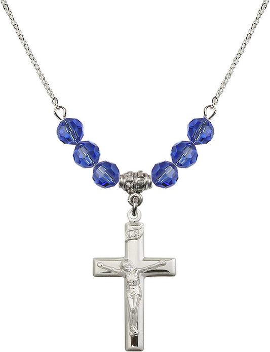 Sterling Silver Crucifix Birthstone Necklace with Sapphire Beads - 2191