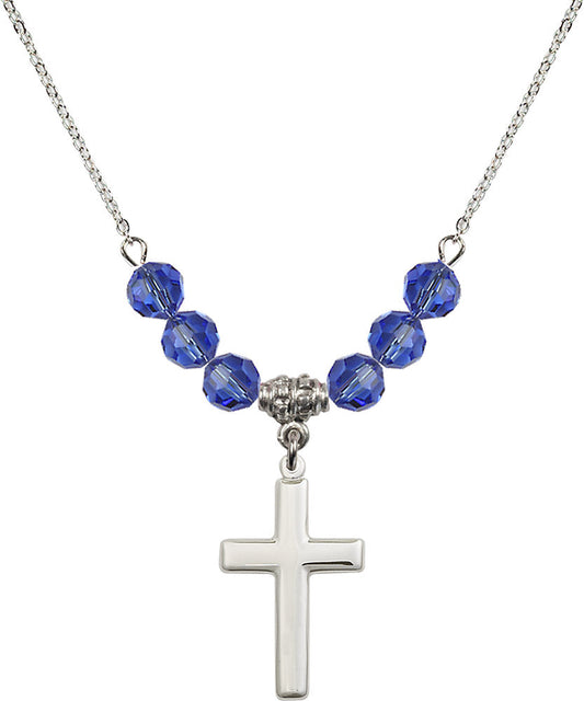 Sterling Silver Cross Birthstone Necklace with Sapphire Beads - 2195